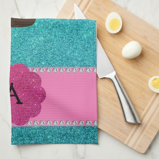 Monogrammkuchen-Türkis-Glitter Handtuch (Viertel Falte)