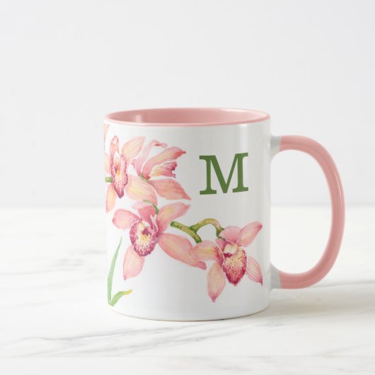 Monogrammm | Aquarellfarbene rosa Blume Tasse (Rechts)