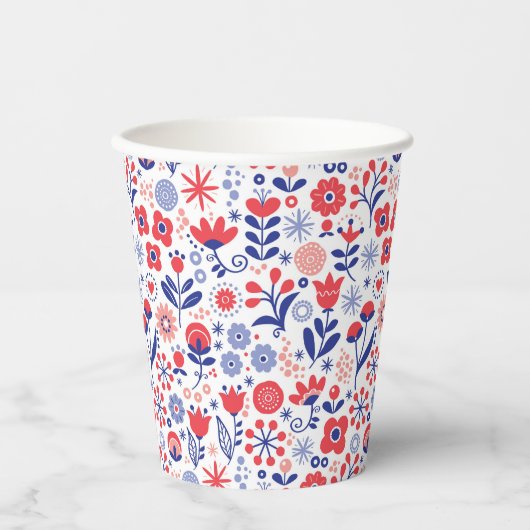 Monogrammm | Blau- und Korallenblumenmuster Pappbecher (Vorderseite)