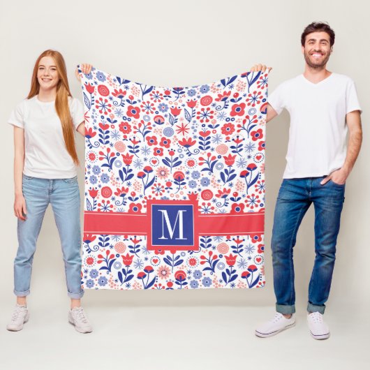 Monogrammm| Blaues und Korallenblumenmuster Fleecedecke (Beispiel)