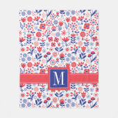Monogrammm| Blaues und Korallenblumenmuster Fleecedecke (Vorderseite)