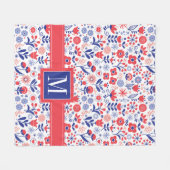 Monogrammm| Blaues und Korallenblumenmuster Fleecedecke (Vorderseite (Horizontal))