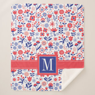 Monogrammm Blaues und Korallenblumenmuster Sherpadecke