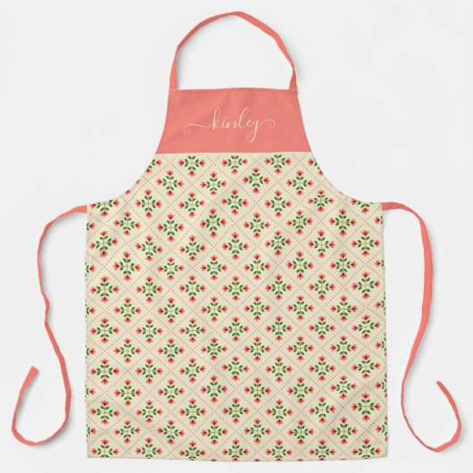 Monogrammm| Blumenrosa und grüne gepflegte Kunst Schürze (Vorderseite)