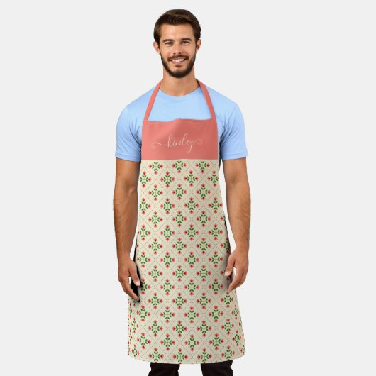 Monogrammm| Blumenrosa und grüne gepflegte Kunst Schürze (Getragen)