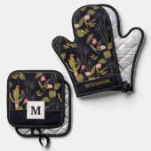 Monogrammm | Dark Summer Night Cactus Pattern Ofenhandschuh & Topflappen-Set (Vorderseite/Rückseite)