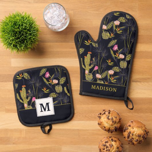 Monogrammm | Dark Summer Night Cactus Pattern Ofenhandschuh & Topflappen-Set (Oben Unten)
