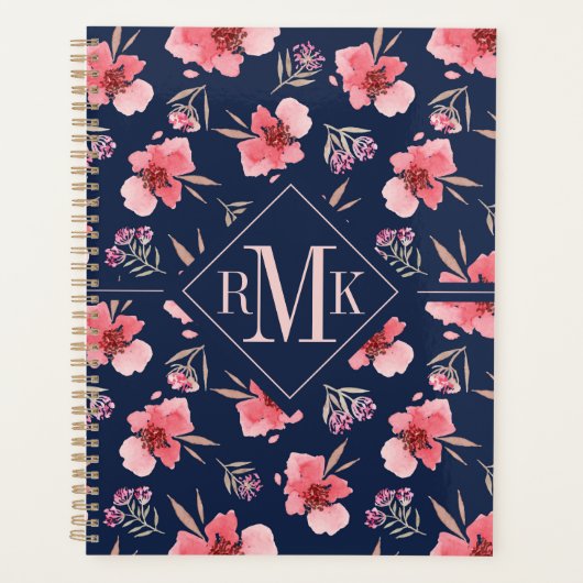Monogrammm | Dunkelrosa Wasserfarbmuster Planer (Vorderseite)