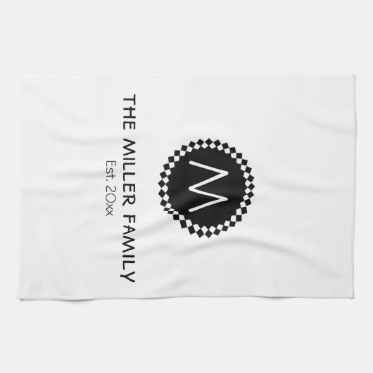 Monogrammm | Familienname | Schwarz-Weiß-Medallion Geschirrtuch (Horizontal)