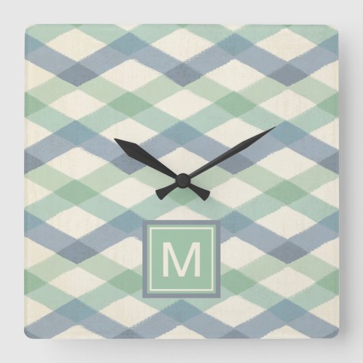 Monogrammm | Geometrisches Muster der Pastel Quadratische Wanduhr (Vorderseite)