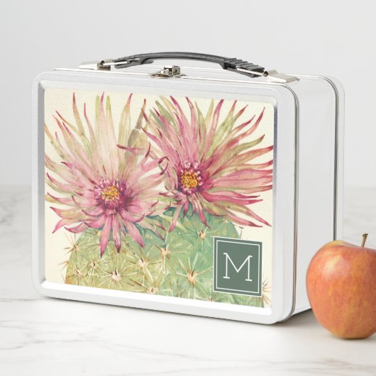 Monogrammm | Kaktus Rosa Blüten Metall Brotdose (Beispiel)