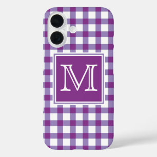 Monogrammm Lila Gingham Kariert Tartan Schachbre iPhone 16 Hülle