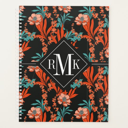 Monogrammm | Orangefarbenes Abstraktes Blumenmuste Planer (Vorderseite)
