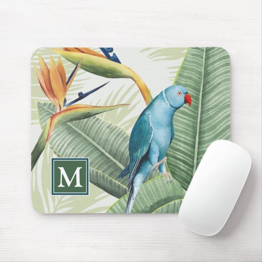 Monogrammm | Palm-Blätter mit Blauem Vogel Mousepad (Mit Mouse)