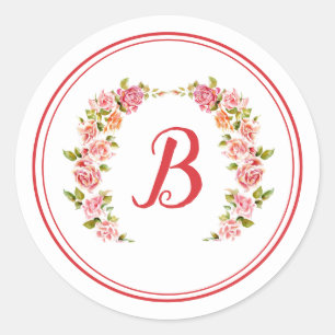 Monogrammm: Rosa Sonnenstrahlen Schriftart und Kre Runder Aufkleber