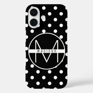Monogrammm Schwarz-Weiß-Chic-Polka-Punktmuster iPhone 16 Hülle