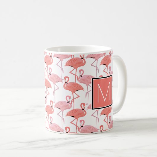Monogrammm | Tropisch rosa Flamingos Kaffeetasse (VorderseiteRechts)