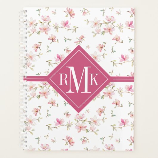 Monogrammm | Weichrosa Wasserfarben-Blume-Muster Planer (Vorderseite)