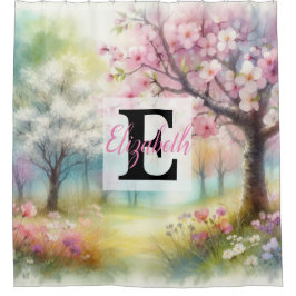 Monogrammname auf Aquarellfarben-Blume in Pastellf Duschvorhang
