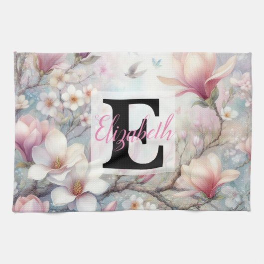 Monogrammname auf Aquarellfarben-Blume in Pastellf Geschirrtuch (Horizontal)