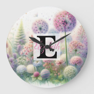 Monogrammname auf Aquarellfarben-Blume in Pastellf Große Wanduhr