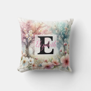 Monogrammname auf Aquarellfarben-Blume in Pastellf Kissen
