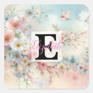 Monogrammname auf Aquarellfarben-Blume in Pastellf Quadratischer Aufkleber