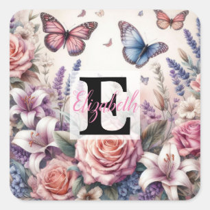Monogrammname auf Aquarellfarben-Blume in Pastellf Quadratischer Aufkleber