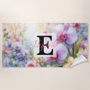 Monogrammname auf Aquarellfarben-Blume in Pastellf Strandtuch