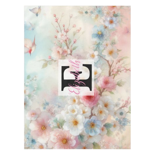 Monogrammname auf Aquarellfarben-Blume in Pastellf Tischdecke (Vorderseite)