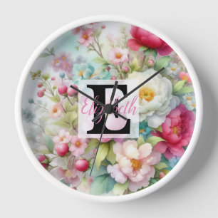 Monogrammname auf Aquarellfarben-Blume in Pastellf Uhr
