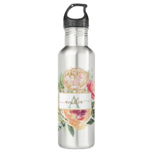Monogrammname für die Blume "Peony and Gold" Edelstahlflasche