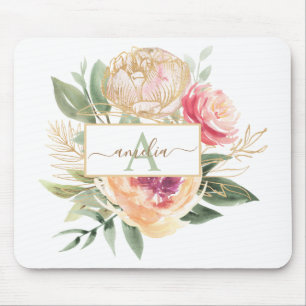 Monogrammname für die Blume "Peony" und "Gold" Mousepad