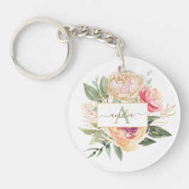 Monogrammname für die Blume "Peony" und "Gold" Schlüsselanhänger