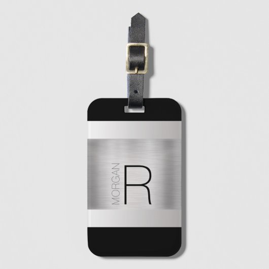 Monogrammname, Schwarz-Grau-Text, Silber gebürstet Gepäckanhänger (Vorderseite Vertikal)