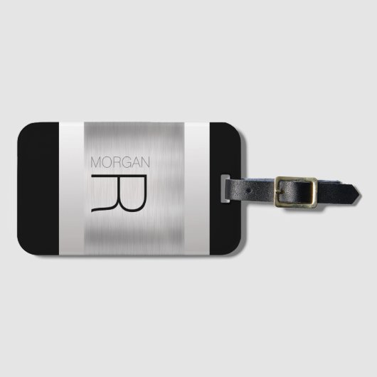 Monogrammname, Schwarz-Grau-Text, Silber gebürstet Gepäckanhänger (Vorderseite (Horizontal))