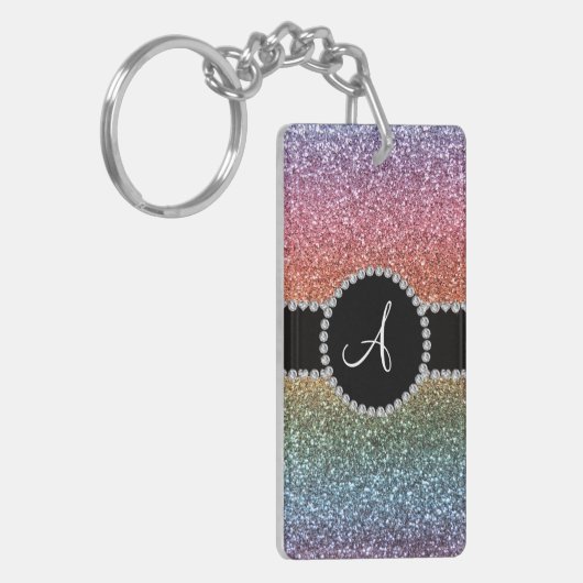 Monogrammregenbogen-Glitterdiamantschwarzkreis Schlüsselanhänger (Vorderseite links)