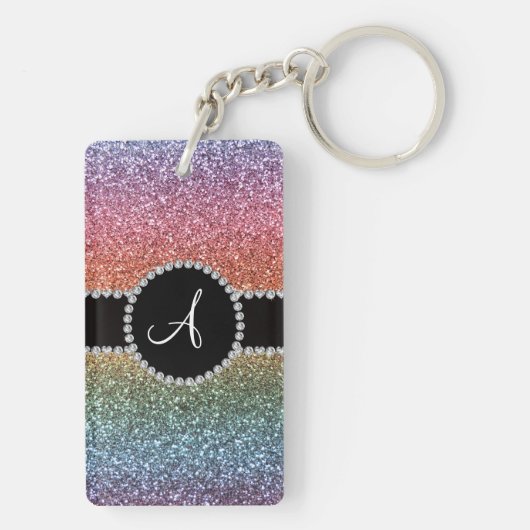 Monogrammregenbogen-Glitterdiamantschwarzkreis Schlüsselanhänger (Rückseite)