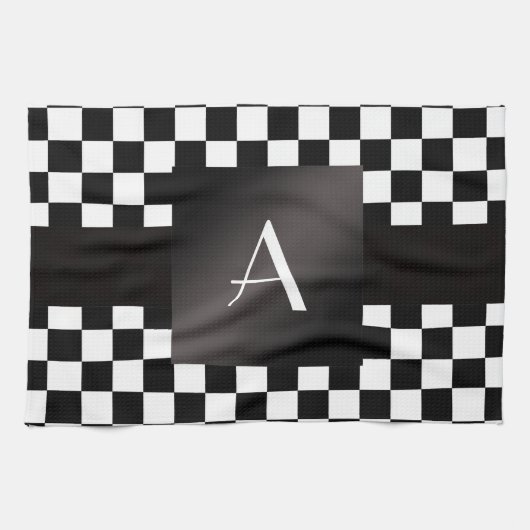Monogrammschwarzweiss-Schachbrett Geschirrtuch (Horizontal)