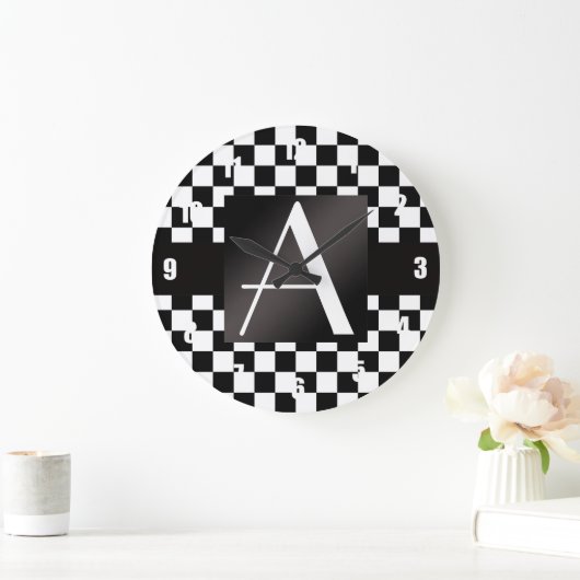 Monogrammschwarzweiss-Schachbrett Große Wanduhr (Zuhause)