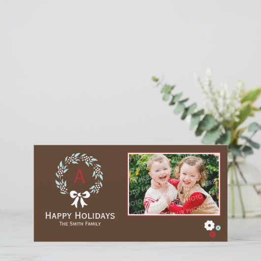 Monogrammwreath-WeihnachtsFoto-Karte Feiertagskarte (Stehend Vorderseite)