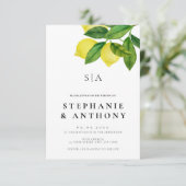 Monograms Lemon Branch Greenery Wedding Einladung (Stehend Vorderseite)