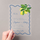 Monograms Lemon Citrus, Blue Wave Border Wedding   Acryleinladungen (Insitu (Handheld))