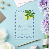 Monograms Lemon Citrus, Blue Wave Border Wedding   Acryleinladungen (In Situ (Hochzeit))