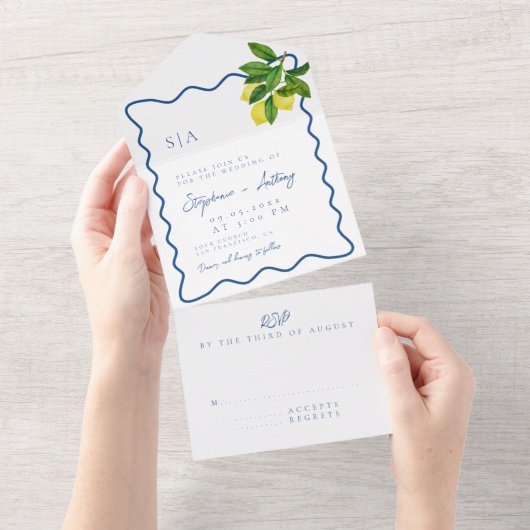 Monograms Lemon Citrus, Blue Wave Border Wedding All In One Einladung (Abreißtisch)
