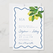 Monograms Lemon Citrus, Blue Wave Border Wedding   Einladung (Vorderseite)