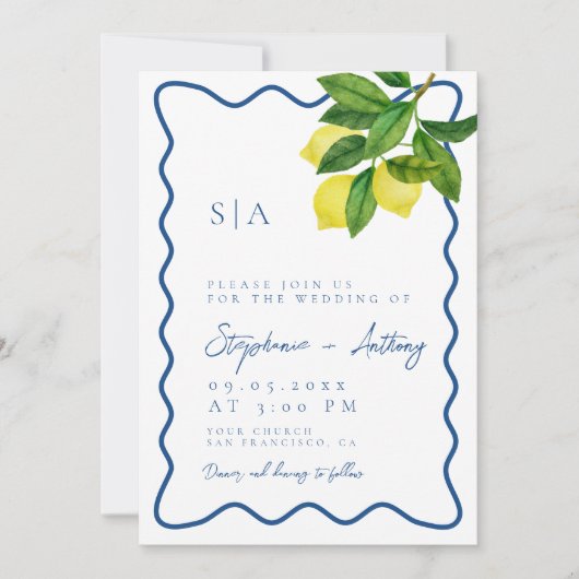 Monograms Lemon Citrus, Blue Wave Border Wedding Einladung (Vorderseite)