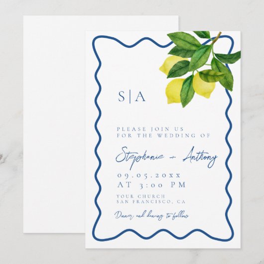 Monograms Lemon Citrus, Blue Wave Border Wedding   Einladung (Vorne/Hinten)