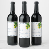 Monograms Lemon Citrus, Blue Wave Border Wedding   Weinetikett (Flaschen)