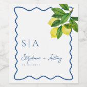 Monograms Lemon Citrus, Blue Wave Border Wedding   Weinetikett (Einzelnes Label)